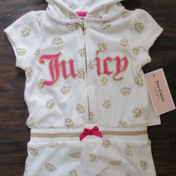 NWT JUICY COUTURE ~ TERRY HOODED ROMPER ~ 18 mo. ~ GOLD GLITTER CROWNS - Picture 2 of 5